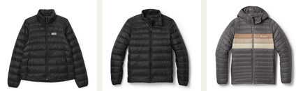 Down jackets used for bikepacking, showing how to stay warm while bikepacking in cold environments.